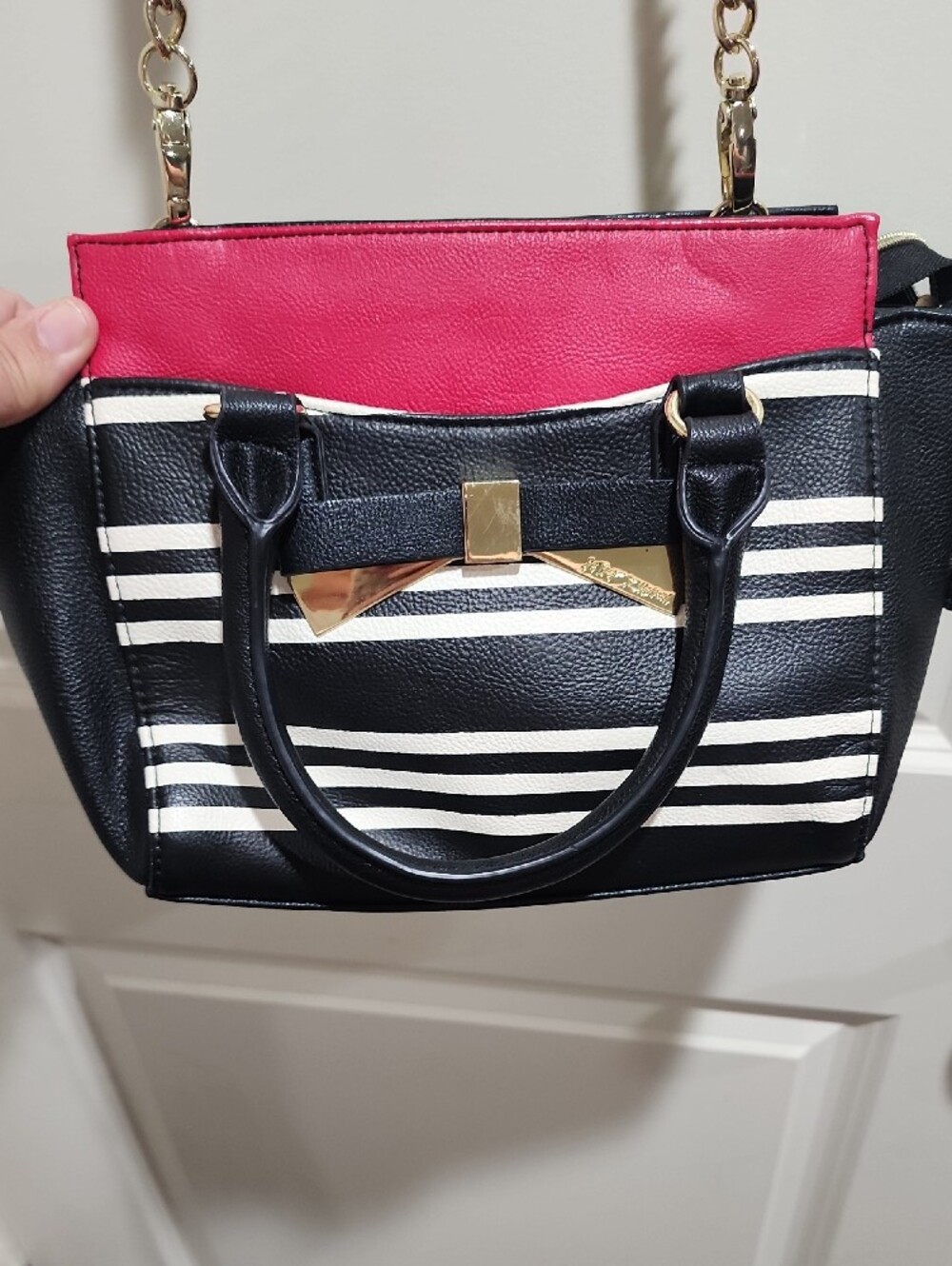 Betsey Johnson Black White Stripe Bow Satchel Crossbody Purse Pink Accent